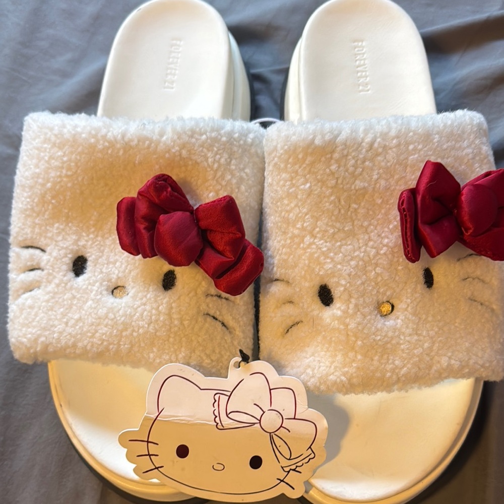 Forever 21 Hello Kitty White and Red Furry Slides